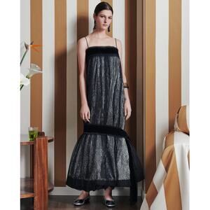 Tory Burch Crinkle Stripe Lamé Dress evening black silver Size 6